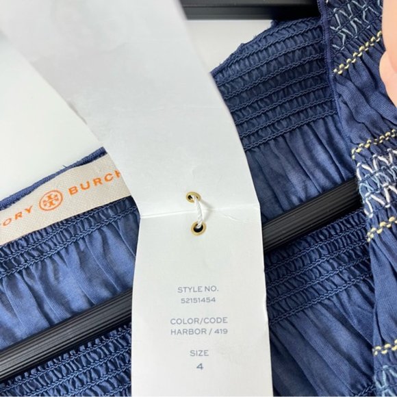 NWT Tory Burch Blue Striped Smocked CottonMidi Dress Size 4 - Picture 10 of 12
